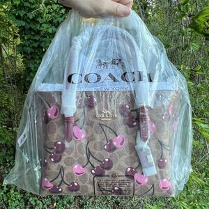 COACH Mollie Tote Bag 25 Cherry Print Signature Canvas Multicolor CZ772 NWT